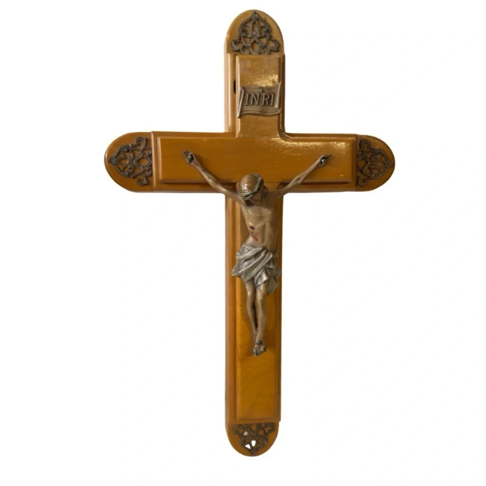 Vintage Last Rites Sick Call Ornate Wood Crucifix Kit
